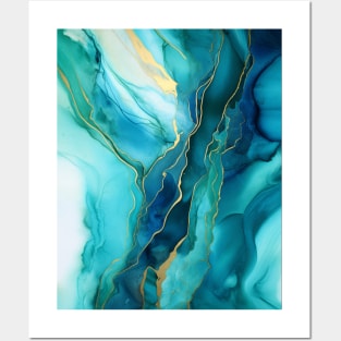 Blue Teal and Gold Abstract Posters and Art